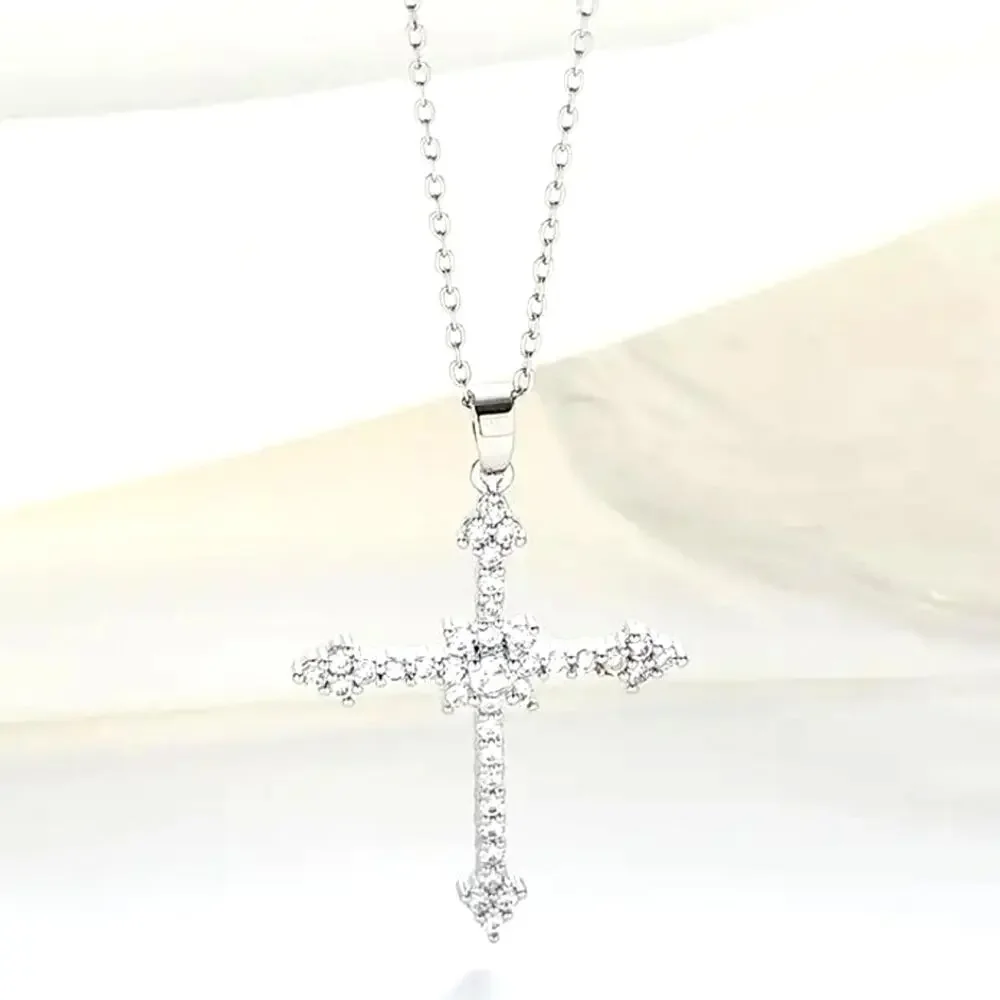 925 Serling Silver Necklace w/ CZ Cross & Star Woman's Valentine's Birthday Gift